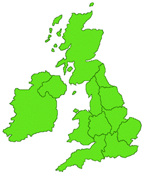 Map of British Isles showing regional areas.